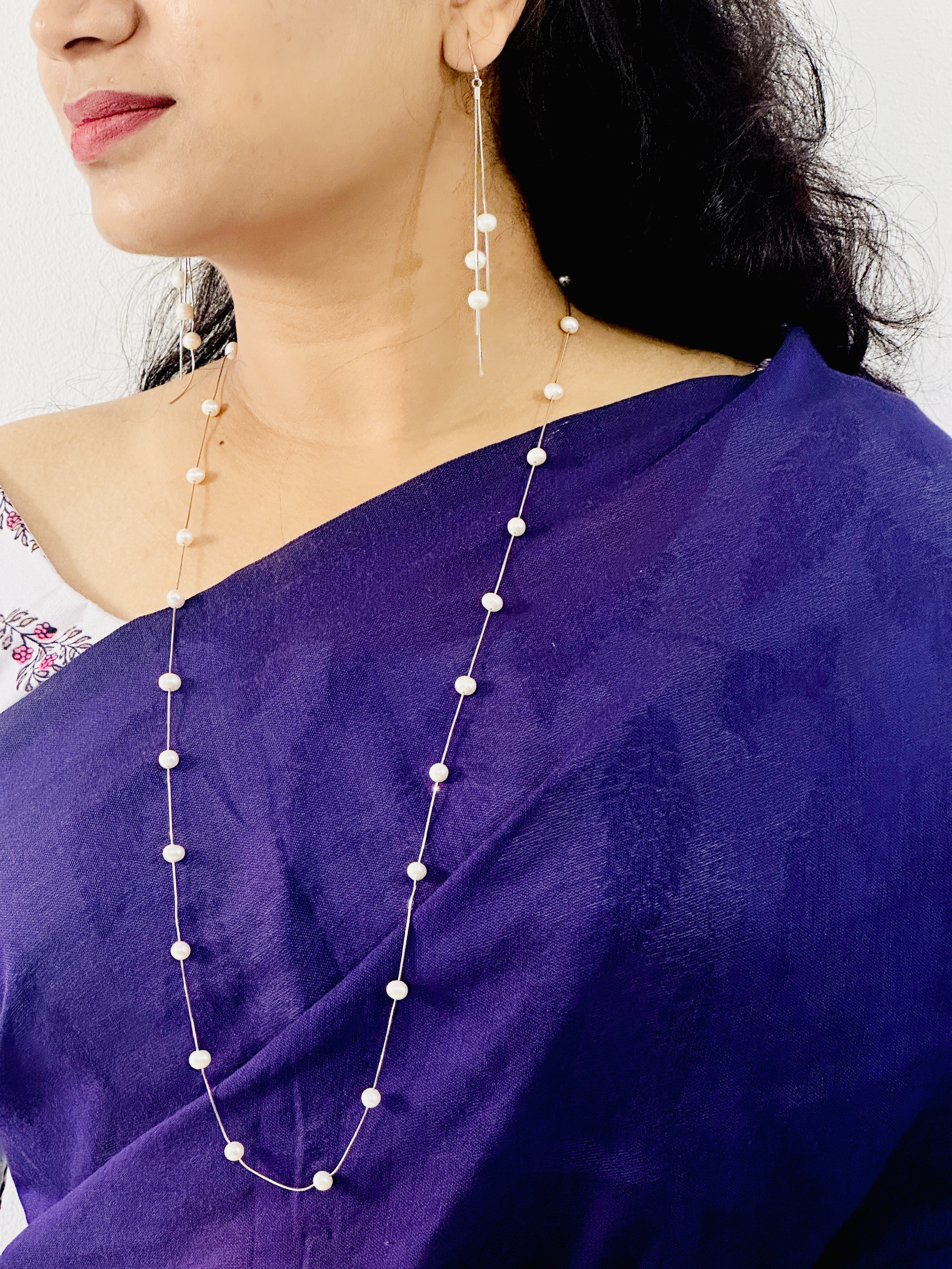 Trendy Sterling Silver Long Pearl Necklace